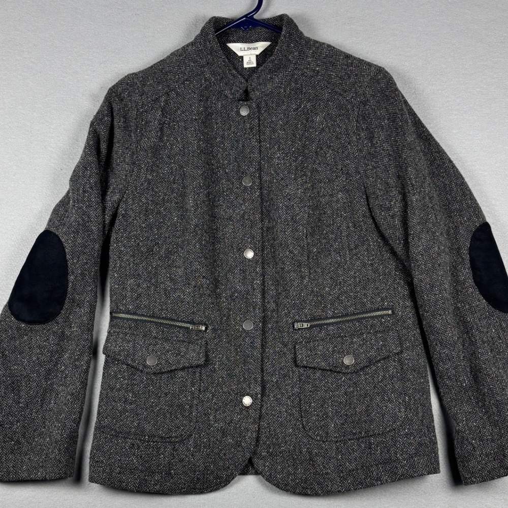 L.L. Bean Herringbone Wool Blend Blazer Elbow Patches S Gray